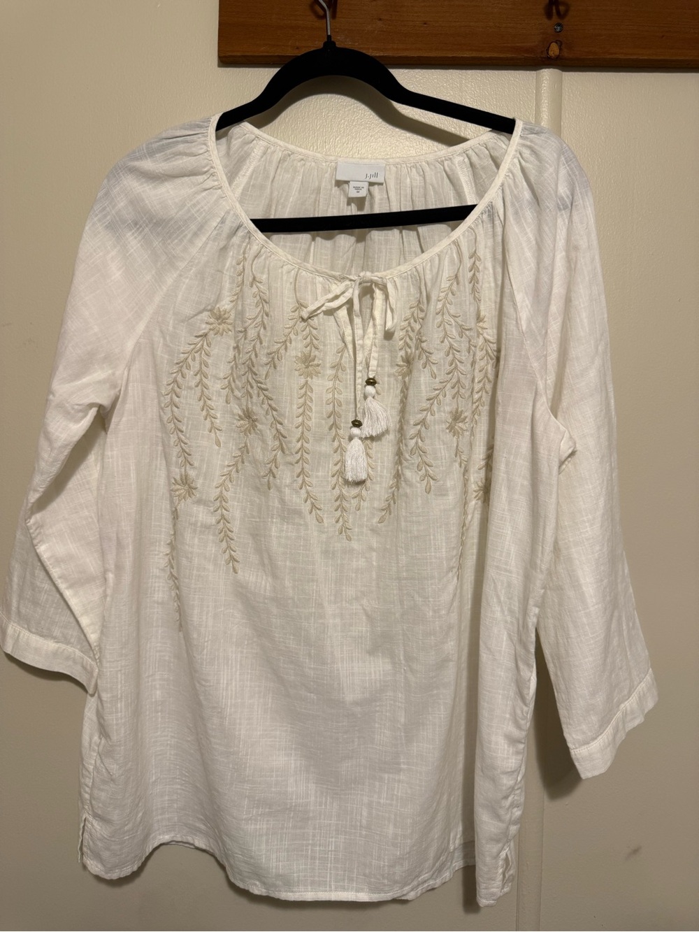 J. Jill White Embroidered Peasant Tunic with Tassel Tie